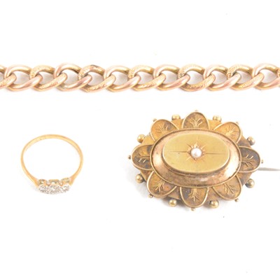 Lot 387 - A yellow metal hollow curb link bracelet, brooch and ring.