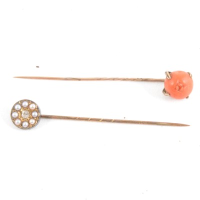 Lot 383 - Two stick pins - coral and diamond and seed pearl.