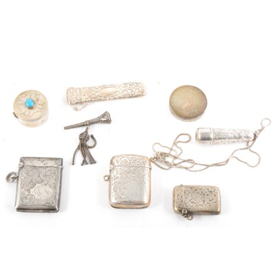 Lot 316 - Three hallmarked silver vesta cases, cheroot holder, pencil holder, fob, two pill boxes.