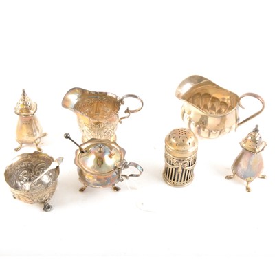 Lot 317 - Five silver condiment pieces and two small cream jugs.