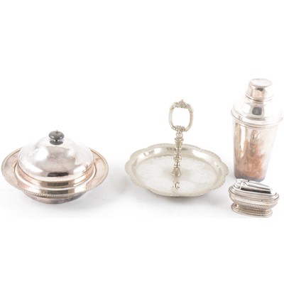 Lot 270 - An electroplated cocktail shaker, 25cm; muffin dish, etc