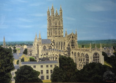 Lot 485 - Bryan Hill Oil, Gloucester Cathedral, oil board, 54cm  x 75cm, signed and dated '64, Blinkhorn, Mayor of Gloucester.