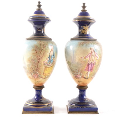 Lot 4 - A pair of Sevres style pedestal vases, signed Dumas