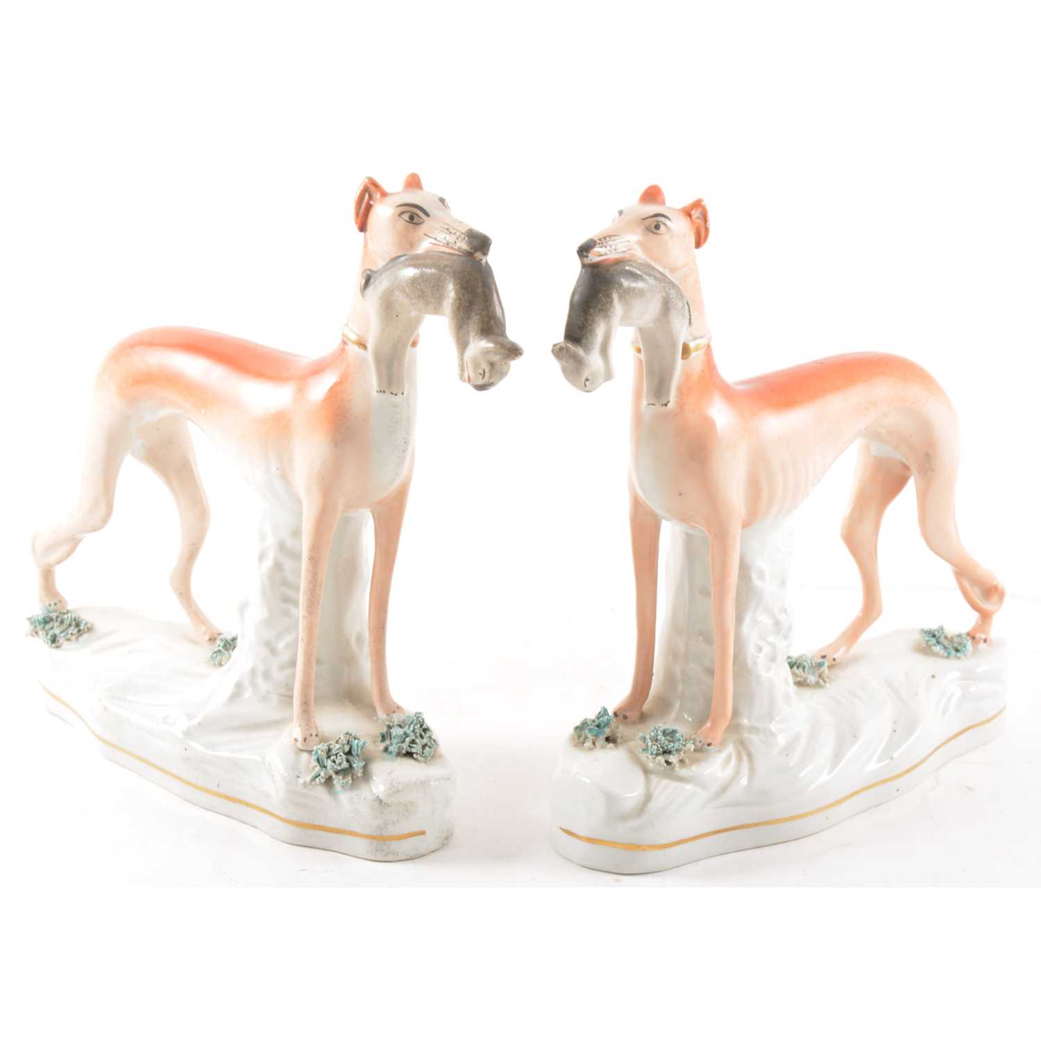 Lot 2 - A pair of Staffordshire pottery models, Greyhound and Hare
