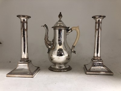 Lot 280A - An Old Sheffield Plate pear-shape coffee pot, a pair of Old Sheffield plate candlesticks, and a mug