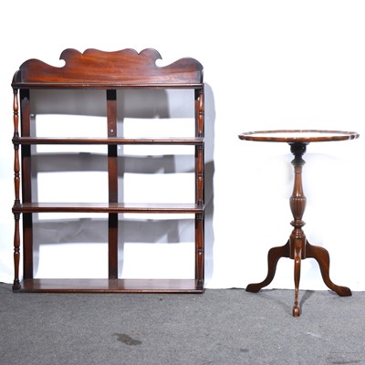 Lot 489 - Walnut tripod table and set of mahogany wall shelves