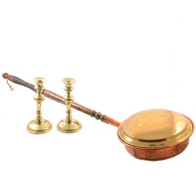 Lot 226 - A pair of Victorian brass candlesticks, and a warming pan