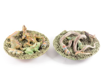 Lot 26 - A pair of Portuguese Palissy type lead-glazed earthenware bowls, Jose Alves Cunha