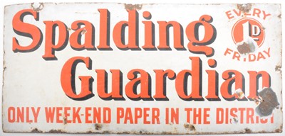 Lot 144 - Advertising Spalding Guardian enamel sign, 38cm x 77cm.