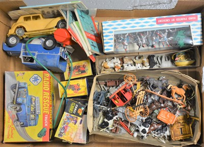 Lot 77 - One box of toys and figures; including Crescent Toy set no.905 Medieval Knights set etc