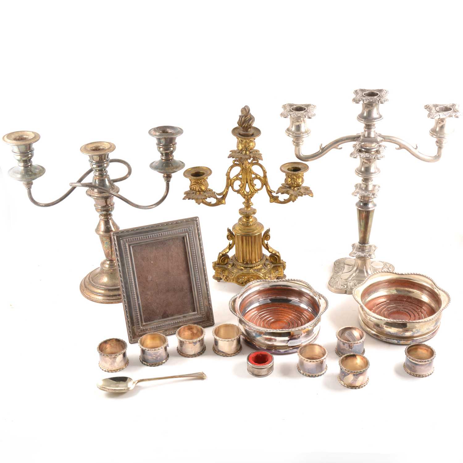 Lot 106 - Silver-faced photograph frame, Georgian silver spoon, and plated wares