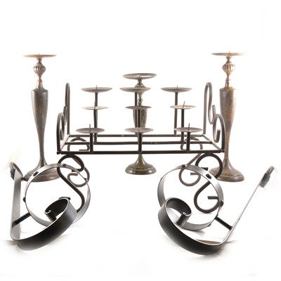 Lot 102 - Wrought iron three-tier candle stand, and other metal brackets