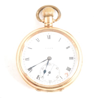 Lot 406 - Rolex - a gold-plated open face pocket watch.