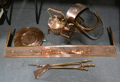 Lot 249 - A copper fender, kettle, trivet, coal hod, fire iron, Turkish hot water bottle.