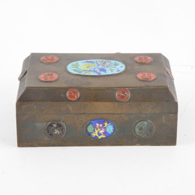 Lot 216 - Chinese bronze cigarette box 15.5cm x 10cm, decorated with enamel panels and discs.