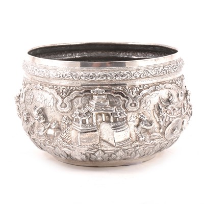 Lot 164 - Burmese white metal jardiniere, embossed with figures, 12cm high, approximate weight 26oz.