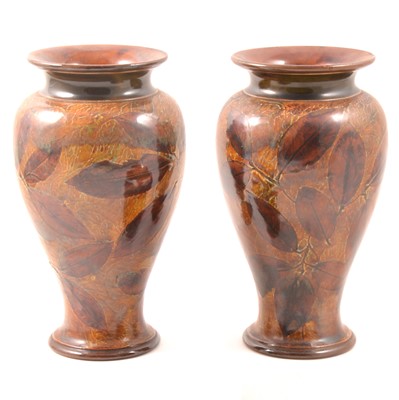 Lot 4 - Pair of Doulton Lambeth stoneware baluster shape vases, Autumn Leaves design