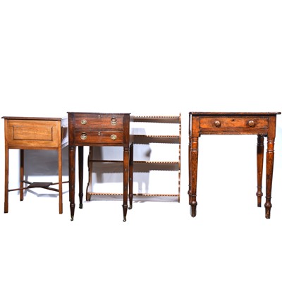 Lot 506 - Two sewing tables; oak side table; and pine open wall shelves