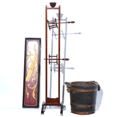 Lot 566 - Wood ships bucket, 31cm; woolwinder; and a painted panel.