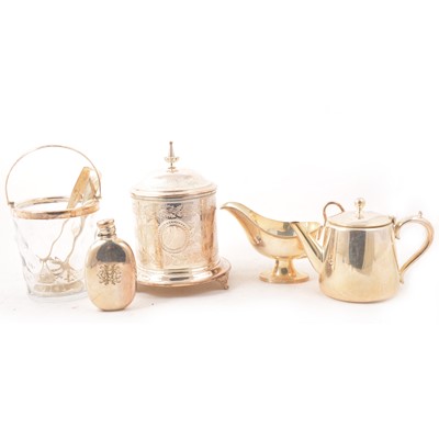 Lot 136 - An electroplated Hotel ware three-piece teaset and other silver-plate.