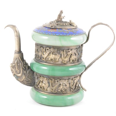 Lot 276 - A small Chinese white metal mounted teapot with three jadeite bands