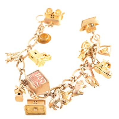 Lot 256 - A 9 carat yellow gold charm bracelet with sixteen charms