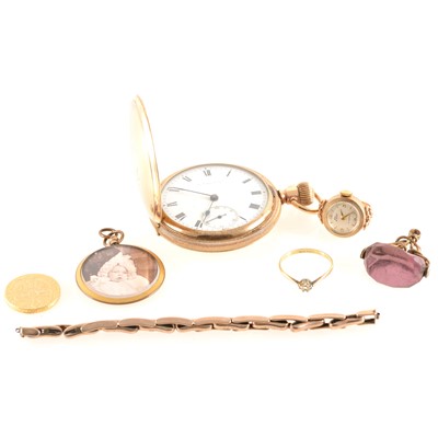 Lot 262 - Vintage costume jewellery and a gold-plated full hunter pocket watch.