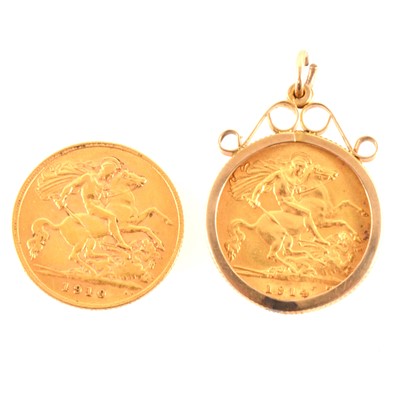 Lot 241 - Two Gold Half Sovereigns, one in a pendant mount.
