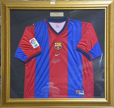 Lot 194 - Football Interest: Barcelona shirt, signed Rivaldo, glazed and framed.