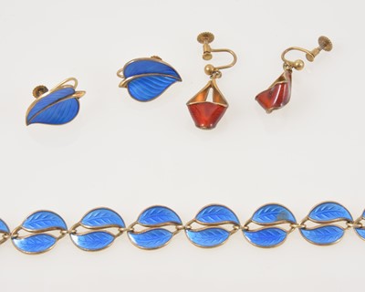 Lot 340 - A blue enamel bracelet with pairs of leaf-shape links, marked D A Norway for David Anderson