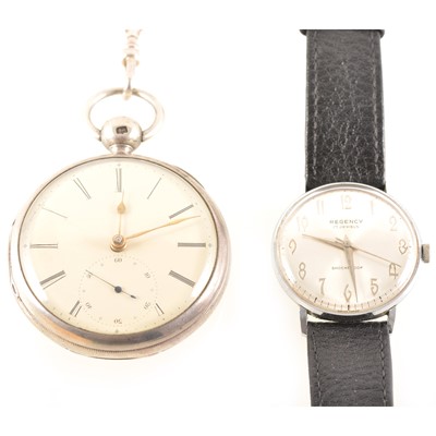 Lot 302 - A silver open face pocket watch and chain, gentleman's Regency wristwatch.