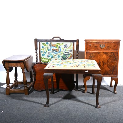 Lot 128 - A figured walnut bedside cupboard; walnut stool; firescreen; small drop-leaf table; and a mahogany tray.