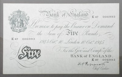 Lot 126 - Bank of England K.O Peppiatt White Five Pound Note October 10th 1945