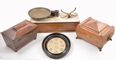 Lot 193 - Set of platform scales, lamps and tea caddy's