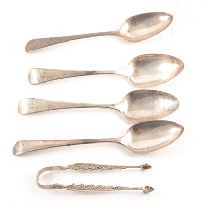 Lot 183 - Four Georgian/ Victorin silver tablespoons, assorted silver teaspoons, serving spoons