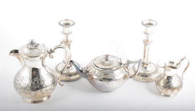 Lot 134 - An EPBM four piece teaset, shamrock design, a pair of telescopic candlesticks, plated cutlery, an oak canteen of cutlery.