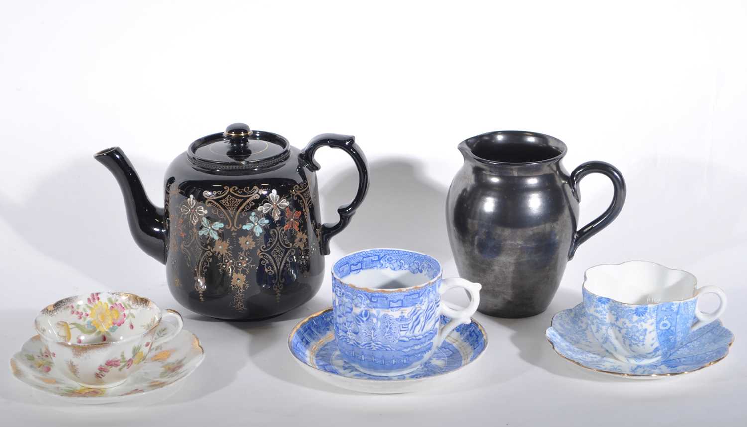 Lot 40 - Vintage teaware, part tea services, a Jackfield teapot, a Carlton Ware Chinoiserie cup and saucer.