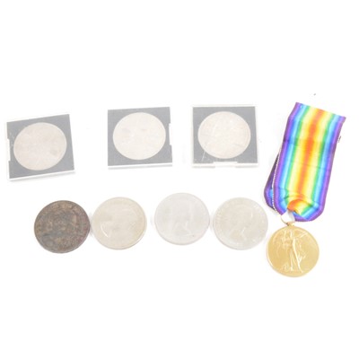 Lot 394 - Three World War One medals and pre-decimal copper and nickel coins, commemorative crowns.