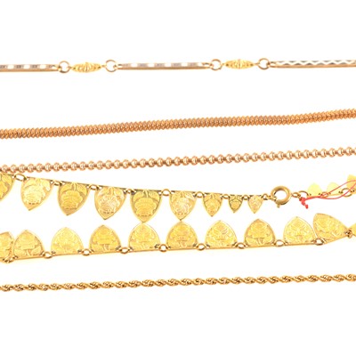 Lot 277 - A gilt metal Victorian guard chain and five other vintage necklaces.