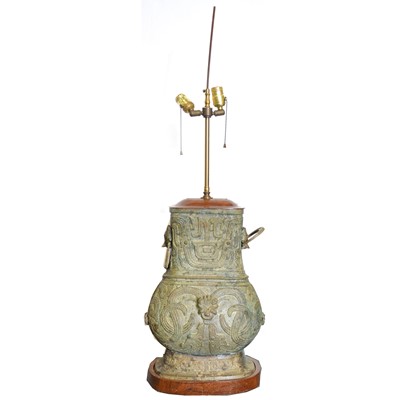 Lot 299 - Two Chinese export bronze lamp bases, with fitments and shades