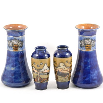 Lot 92 - A pair of Royal Doulton vases by Bessie Newberry, and another pair with pastoral scene