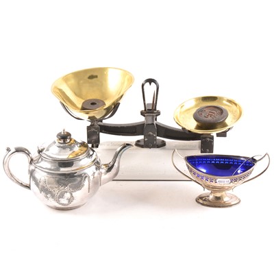 Lot 123 - A set of Avery balance scales, Britannia metal teapot and a sugar basket