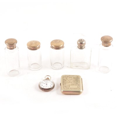 Lot 189 - A collection of eight silver topped bottles, two metal, silver pocket watch