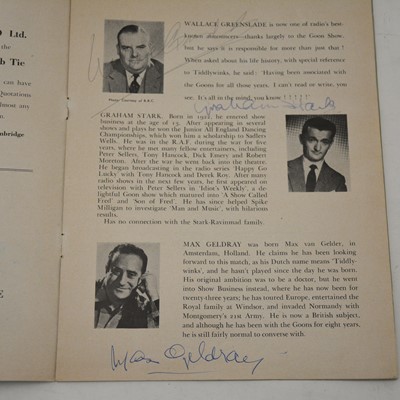Lot 81 - The Goons interest; a Cambridge University Tiddlywinks Club souvenir programme, with signatures.