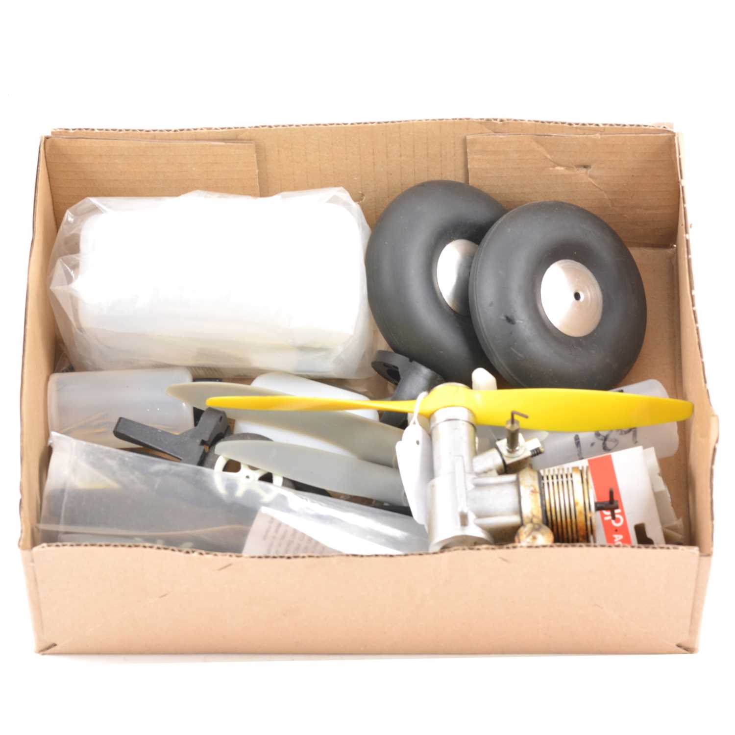 Lot 31 - Box containing 11 assorted props, Wheels, Fuel...