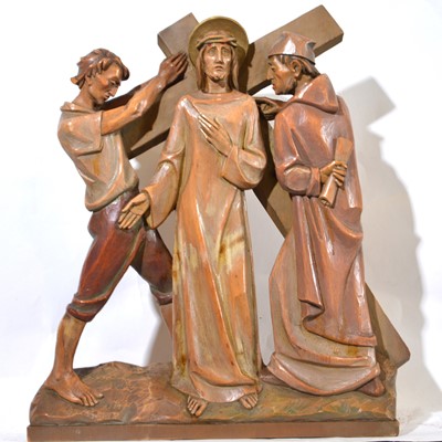 Lot 33 - Set of fourteen carved and limed poplar Station of the Cross