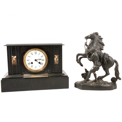 Lot 350A - Victorian slate and marble mantel clock, and a spelter Marly horse with handler.