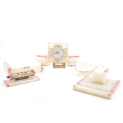 Lot 127 - An Art Deco white alabaster and pink veined marble desk set.