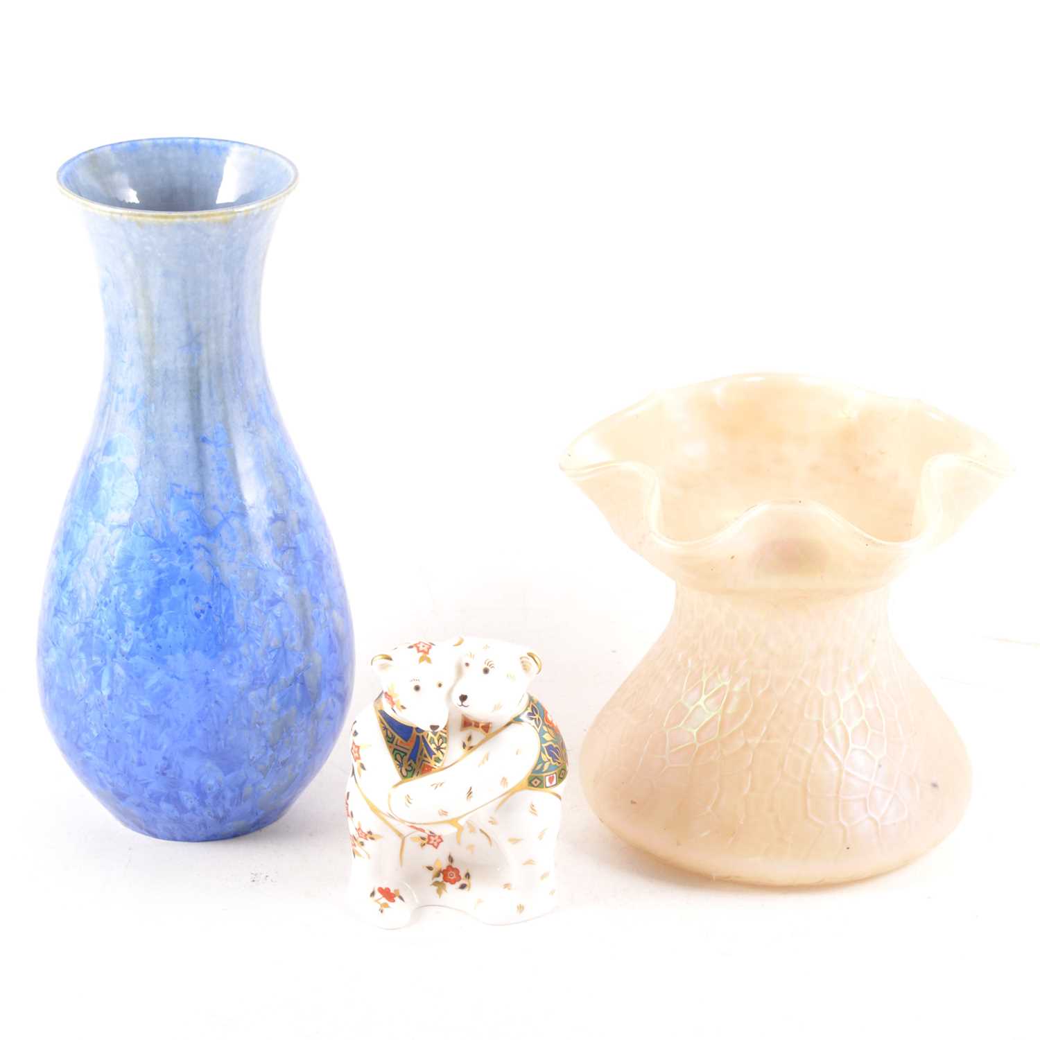 Lot 28 - Loetz style iridescent glass vase, a Langworthy pottery vase; and a Royal Crown Derby paperweight
