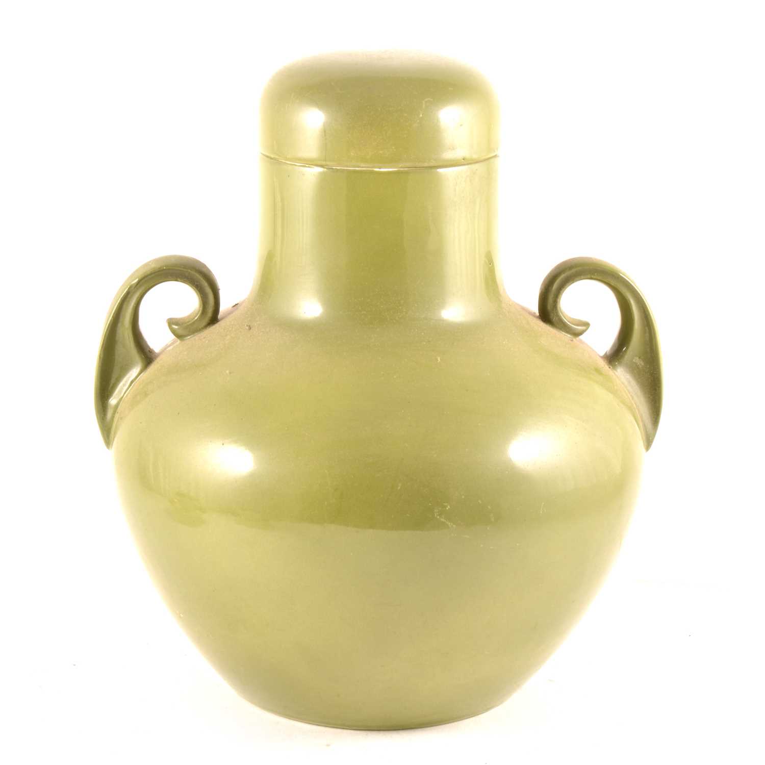 Lot 23 - Staffordshire earthenware green glazed covered vase, Soho Pottery Limited